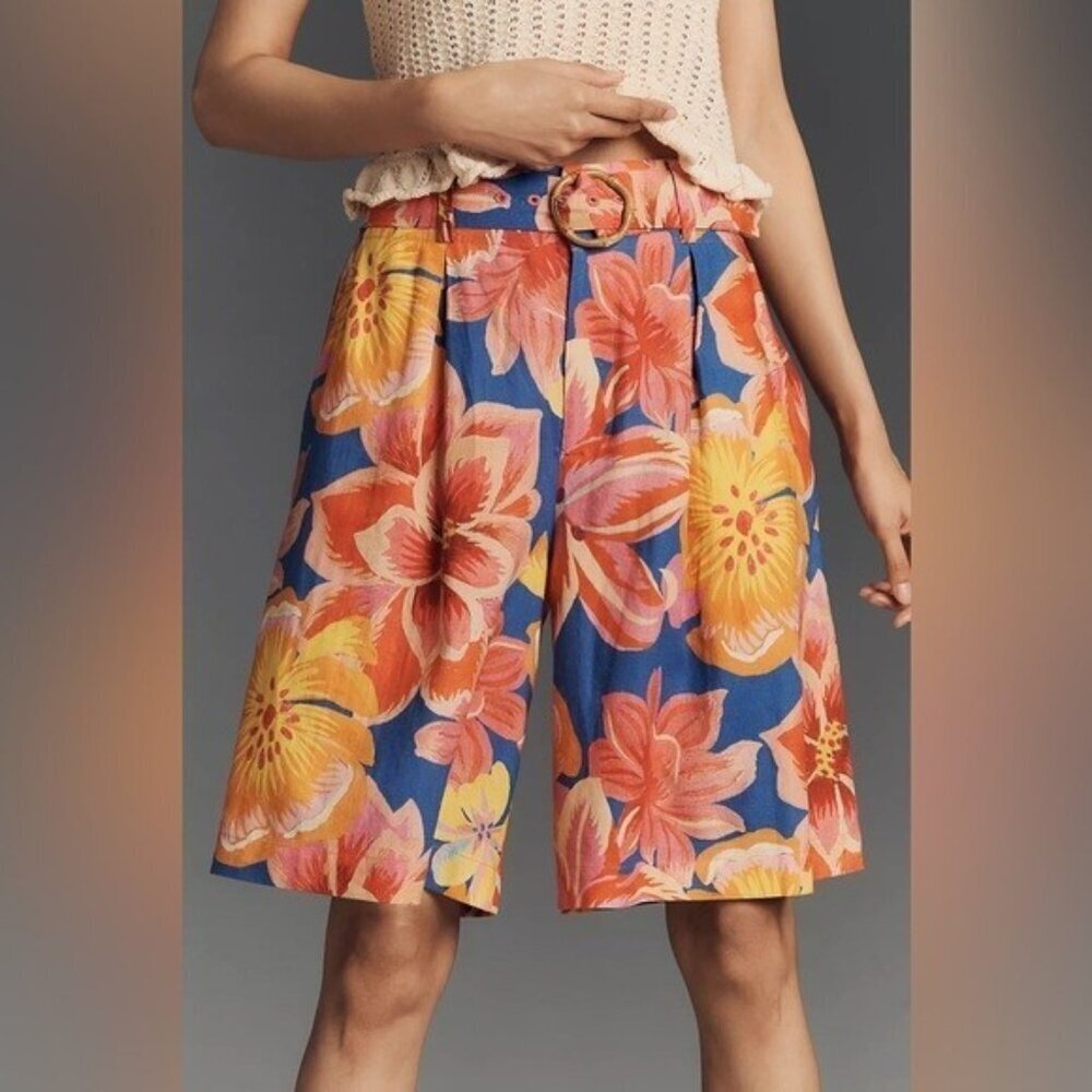 NWT Size S - Farm Rio Linen Blend Belted Floral Bermuda Shorts (NWT US$ 188)